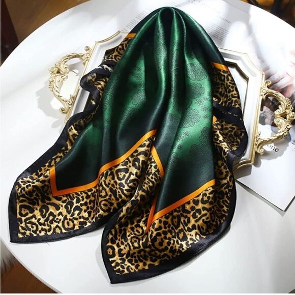 Green and Cheetah Mulberry Silk Neck Scarf - Picture 1 of 6